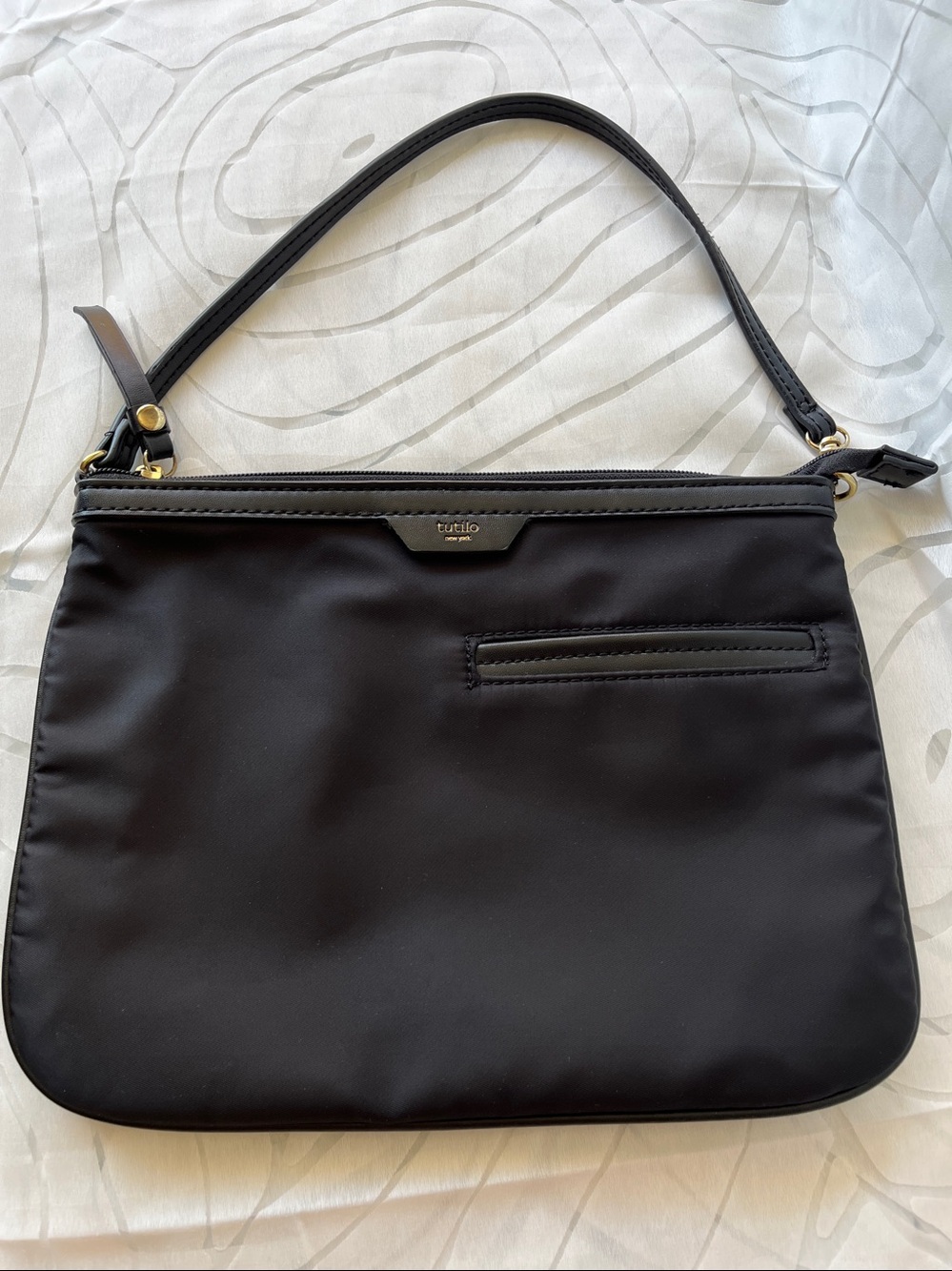 Tutilo Black Nylon Shoulder Bag with Front Zip Pocket